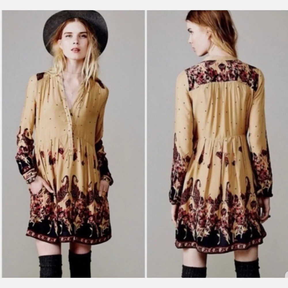 Free People Sierra Valley Shirt Dress – Gold Combo, Paisley Floral, Size Medium